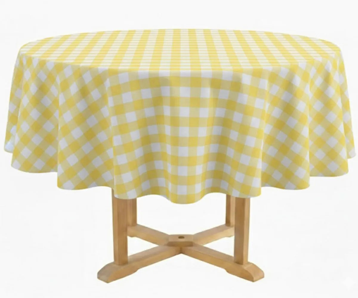 60 inch round yellow gingham cotton tablecloth on farmhouse dining table