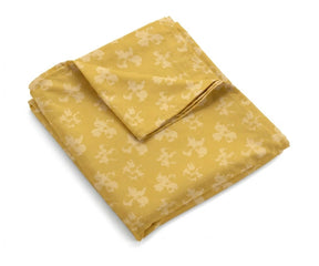 pastel yellow linen bed sheets with delicate floral pattern, luxury linen printed sheet set, lightweight breathable bedding