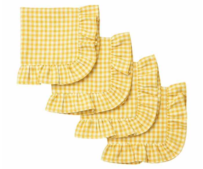 Yellow gingham ruffle cloth napkins set of reusable cotton checkered table napkins with scalloped edge