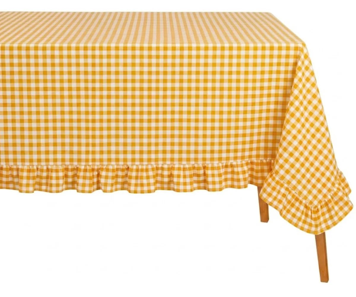 Reusable and machine washable gingham tablecloth with ruffle edge for practical and stylish table decor