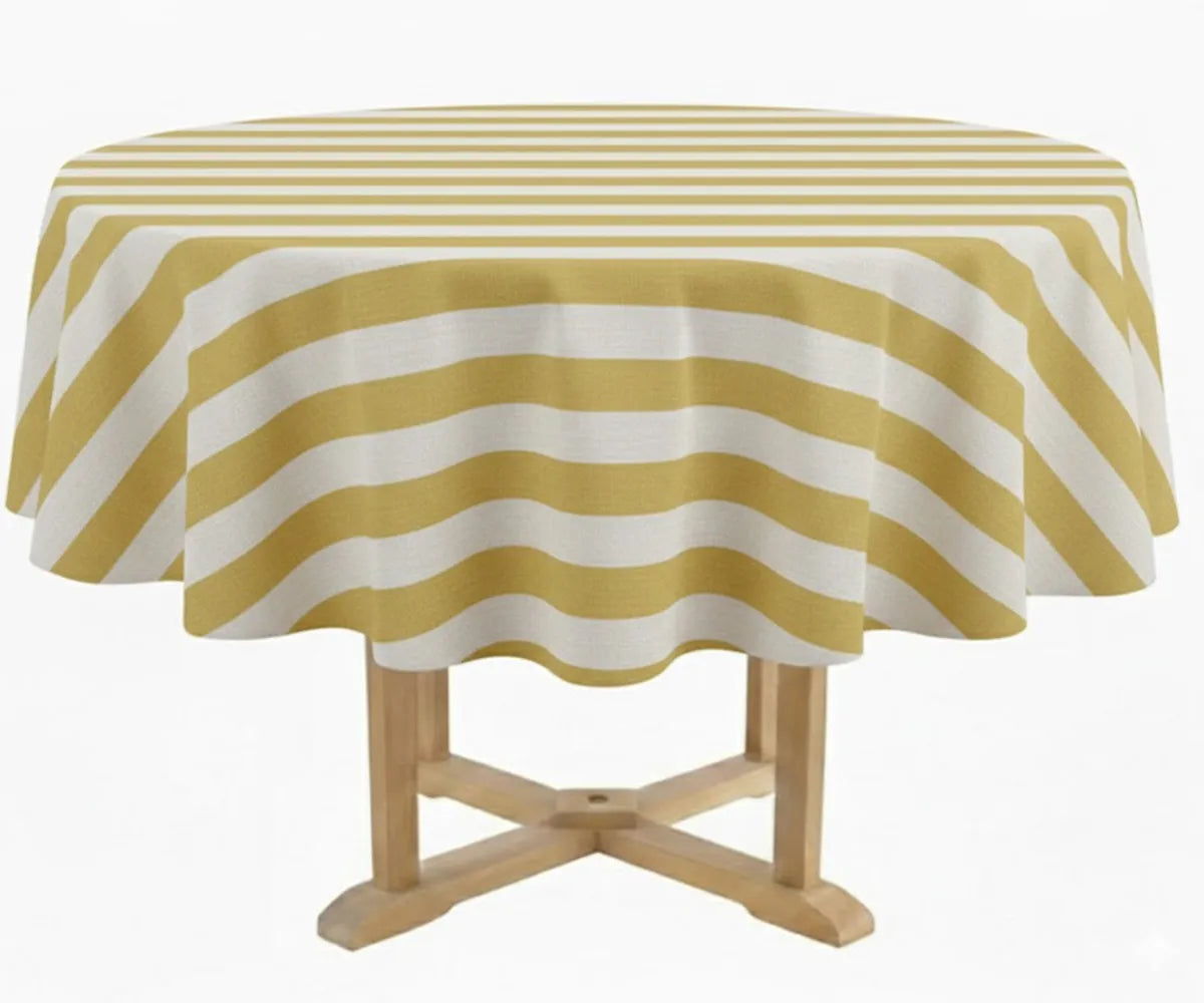 60 inch striped round tablecloth in classic cabana design featuring sage yellow and white vertical stripes, styled on a round dining table with coordinated dinner napkins. Made from 100% cotton, this farmhouse-inspired round table linen is suitable for indoor dining, patio gatherings, outdoor entertaining, and wedding table settings with a clean coastal aesthetic.