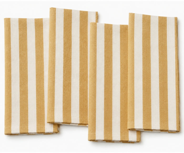 Yellow striped cloth napkins crafted from 100% cotton, adding a fresh decorative touch while providing softness and absorbency for everyday use.