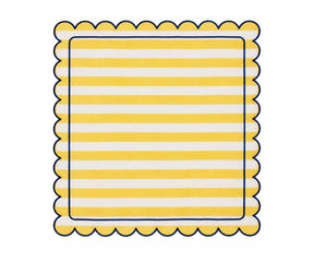 Yellow and white striped cloth napkin with scalloped edges and navy trim for cheerful dining table decor