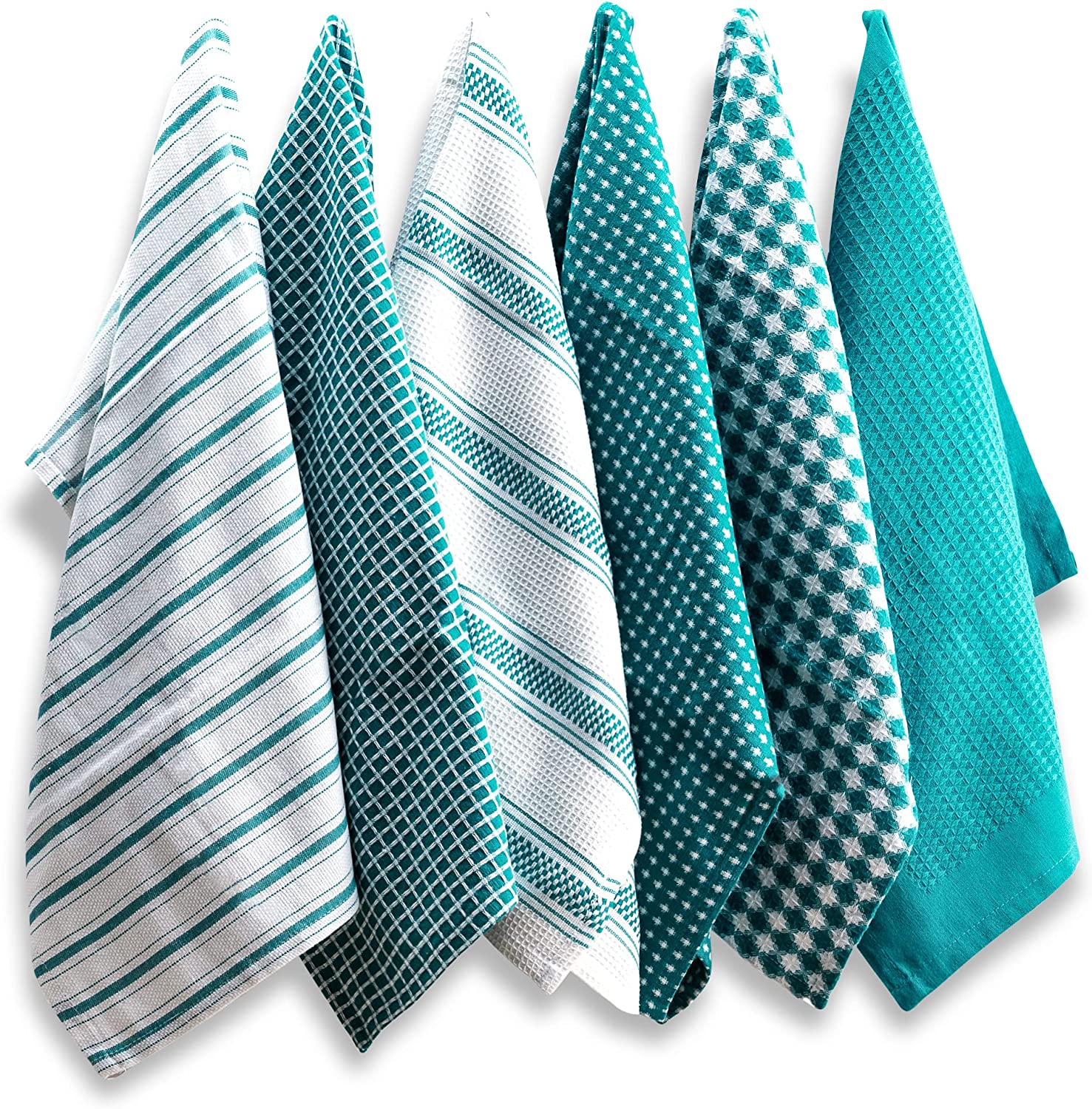 white and teal striped dish towels, teal kitchen towels, teal stripe kitchen towels for wedding.
