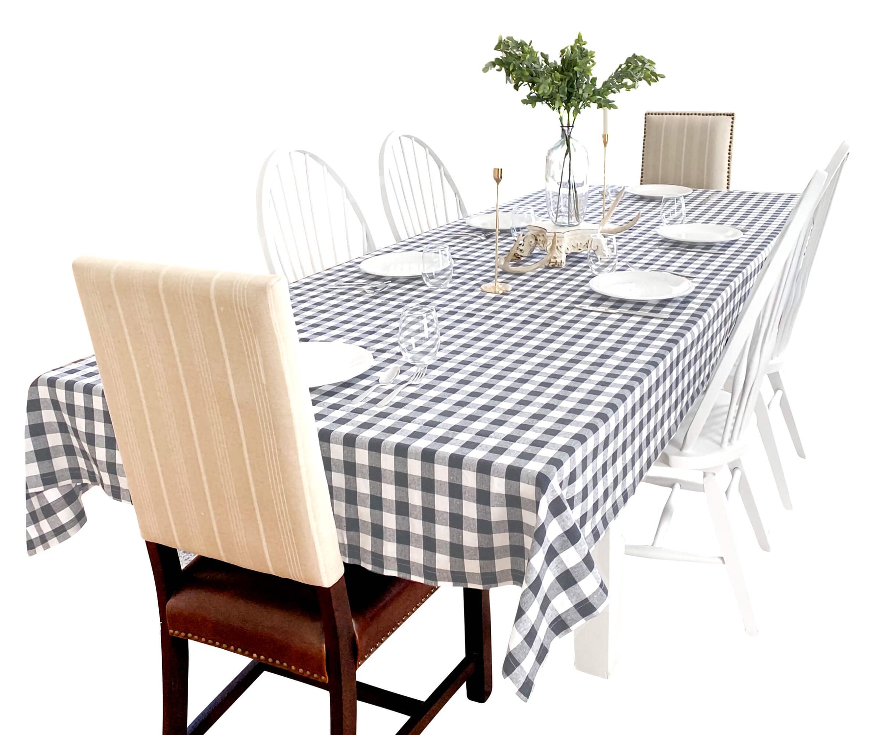 The table is adorned with a buffalo check tablecloth, a green plaid tablecloth, a tablecloth with a plaid pattern, and a classic black and white plaid tablecloth, offering a charming blend of styles.
