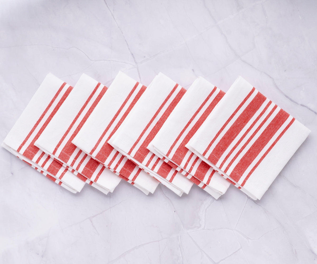 Four-piece set of red and white striped restaurant napkins