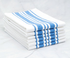 Stack of blue and white striped restaurant napkins