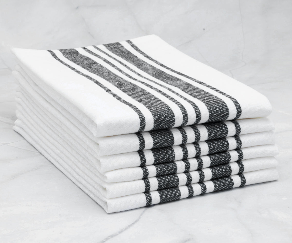 Stack of four black and white striped bistro napkins