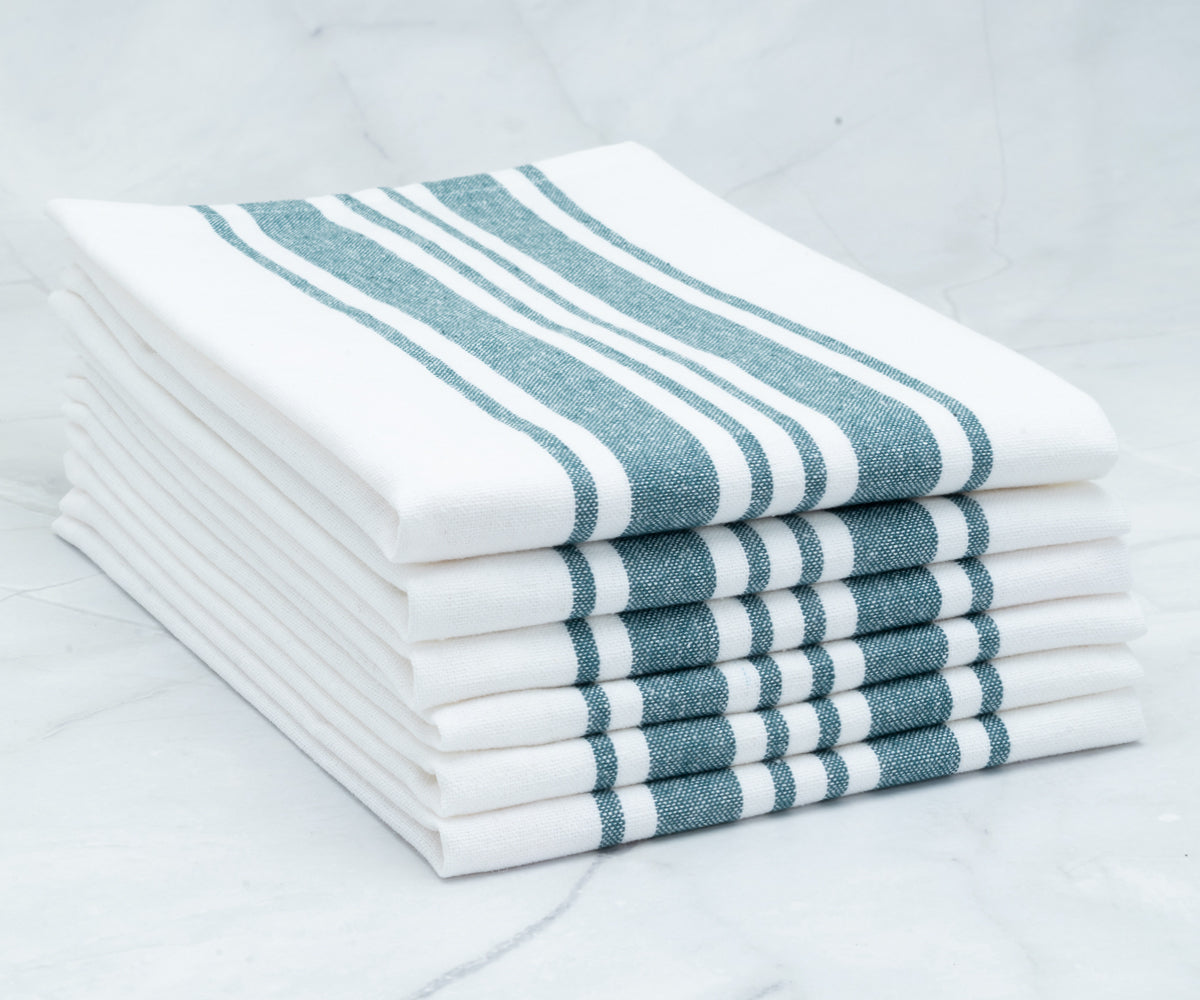 Green cloth napkins -Stack of green and white striped restaurant napkins