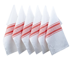Red and white striped napkins placed on a monochrome table setting.