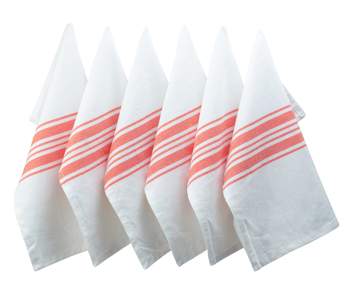 Set of six white bistro napkins with red stripes