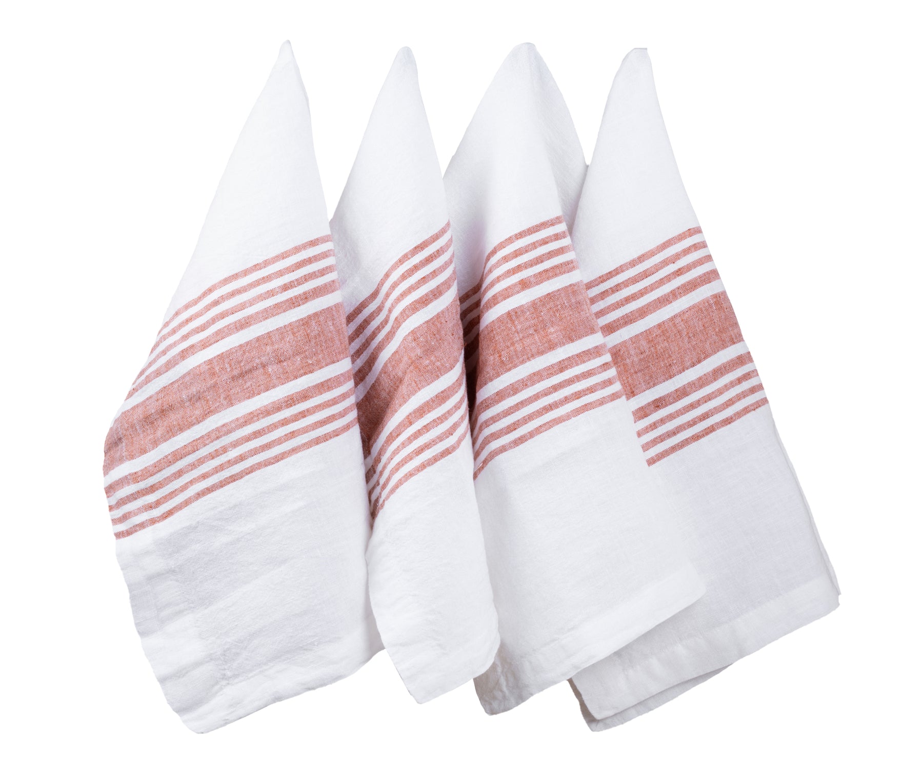 Three linen dinner napkins with red and white stripes against a white backdrop