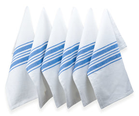 Elegant white and blue napkins with a classic striped design arranged on a dining table.