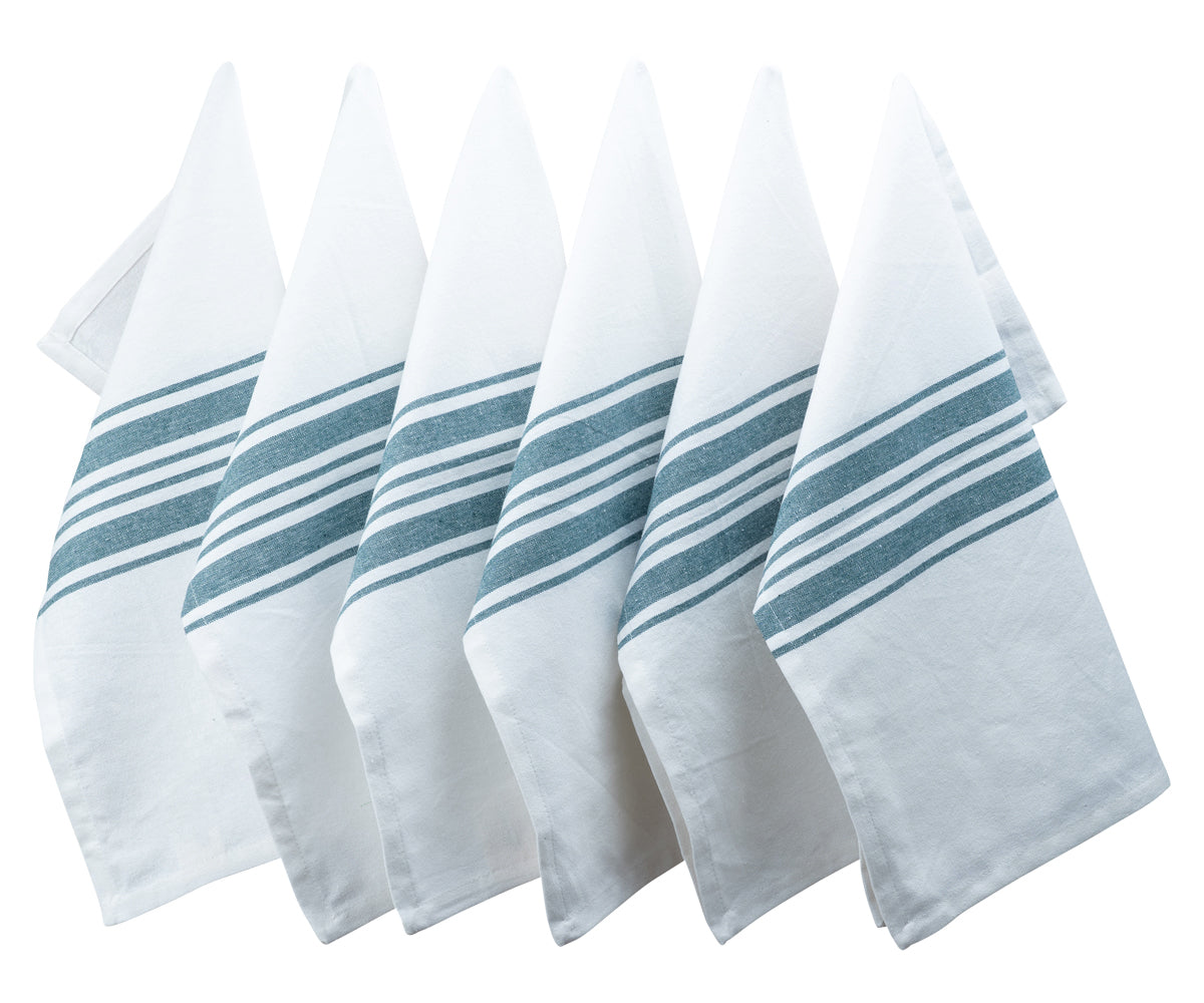 Six bistro napkins with blue and white stripes on a white background