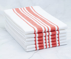 Set of 4 white and red striped restaurant napkins stacked