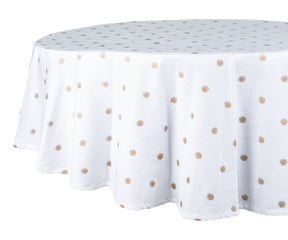 Metallic printed white tablecloth, ideal for weddings.