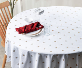 Round cotton tablecloth, perfect for gatherings.