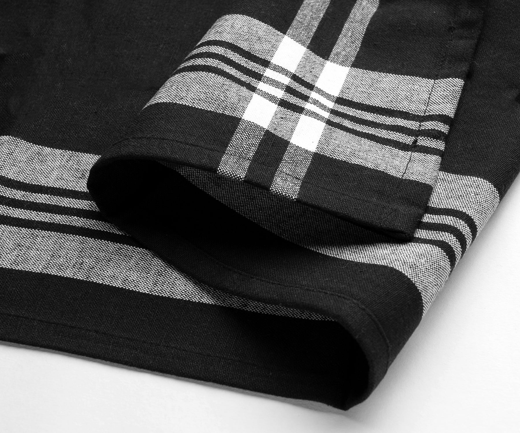 Black and white striped farmhouse kitchen towel with a bold stripe detail