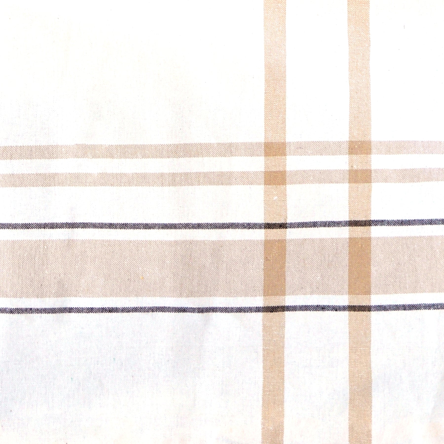 Rectangle tablecloth in white and tan plaid with a black and white stripe
