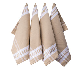 Quartet of farmhouse kitchen hand towels with white and tan stripe design