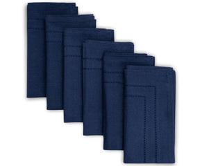 Set of six custom double hemstitch navy blue cloth napkins with white accents