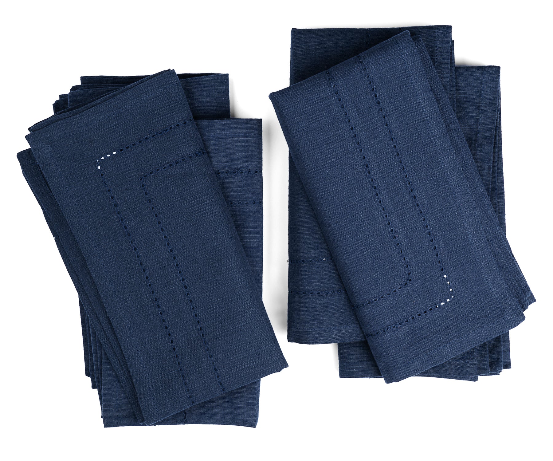 Detail view of navy blue double hemstitch cloth napkins with intricate stitching