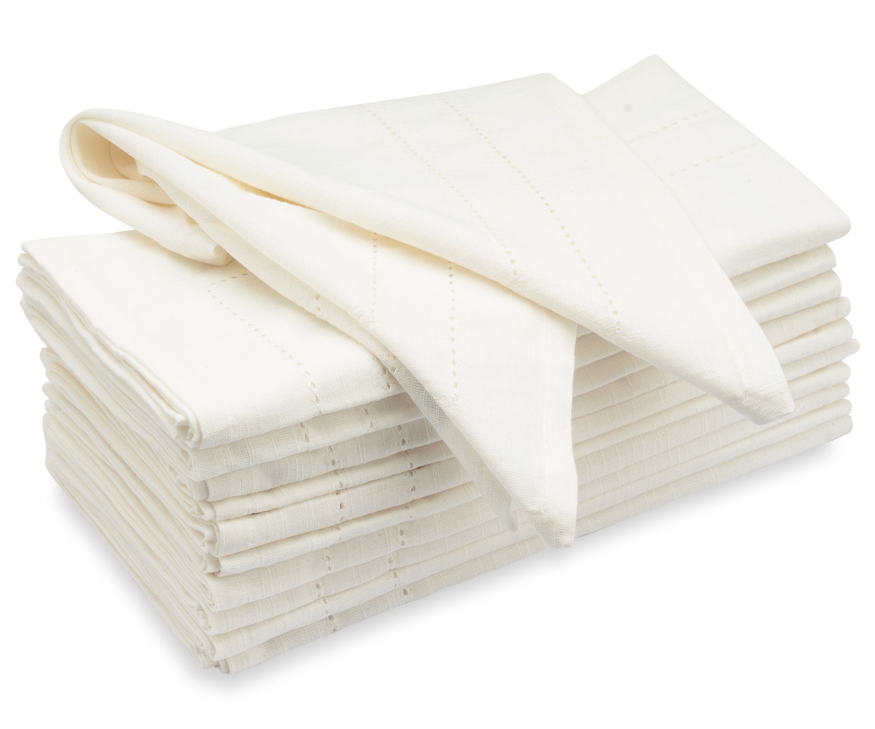 Fresh stack of white cloth dinner napkins on a pristine surface