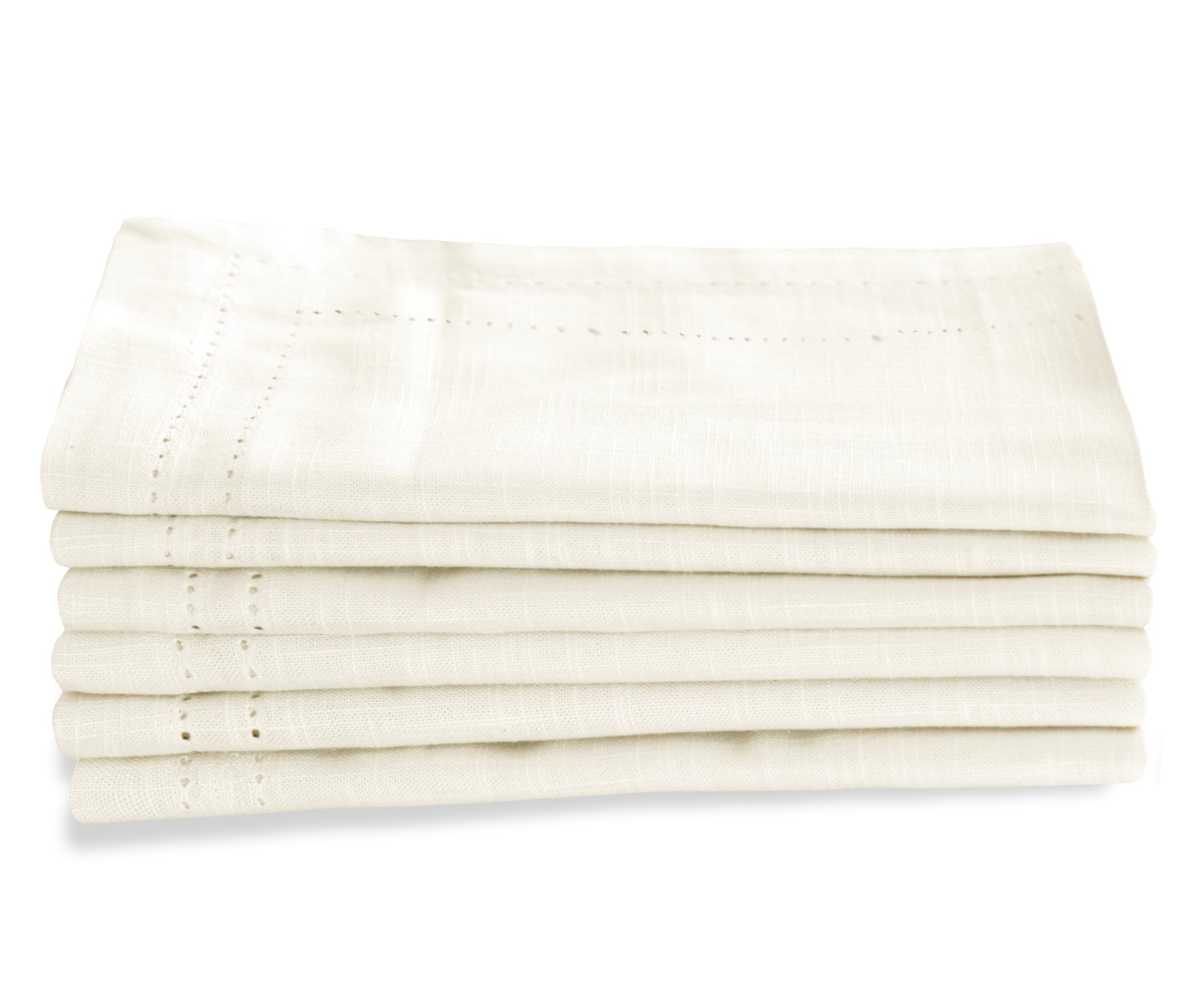 Stack of four custom double hemstitch white cloth napkins on a clean surface