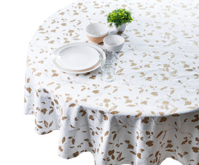 Upgrade your table decor with our round white tablecloth, cloth elegance, refreshing green, and outdoor durability.