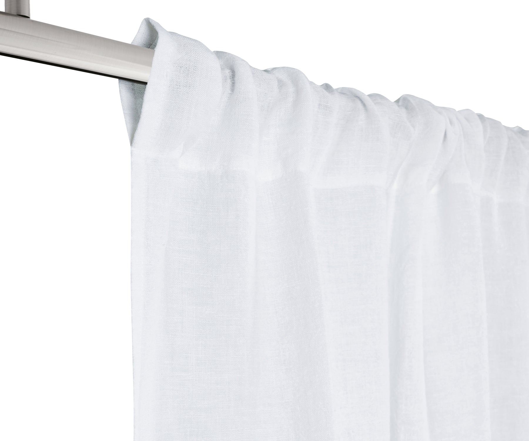 White 100% linen curtain panel, light-filtering, styled in a bright living room