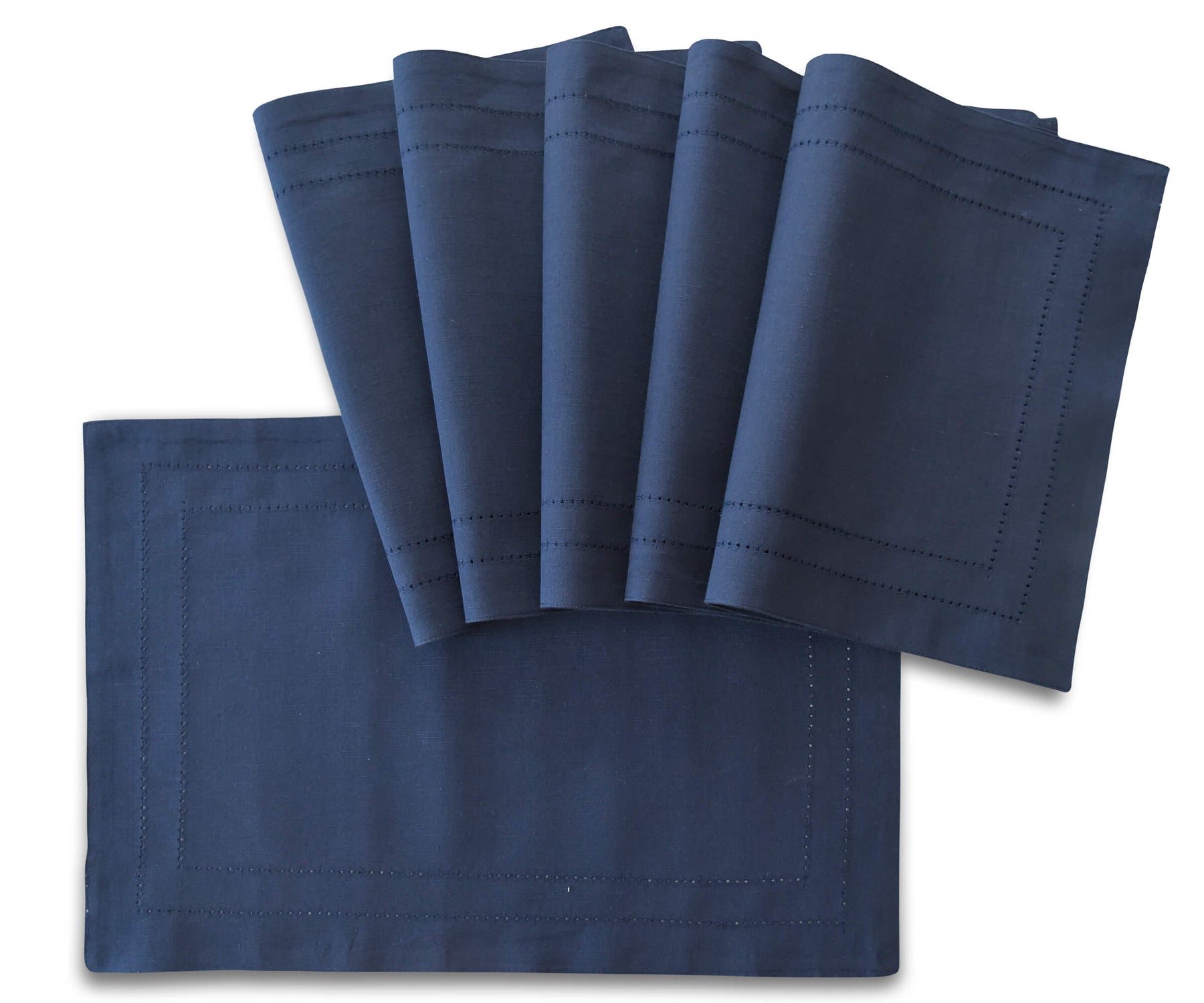 Folded rectangular dinning table placemats of size 13×18",a set of 6 hem stitched navy blue table placemats are arranged one above another.