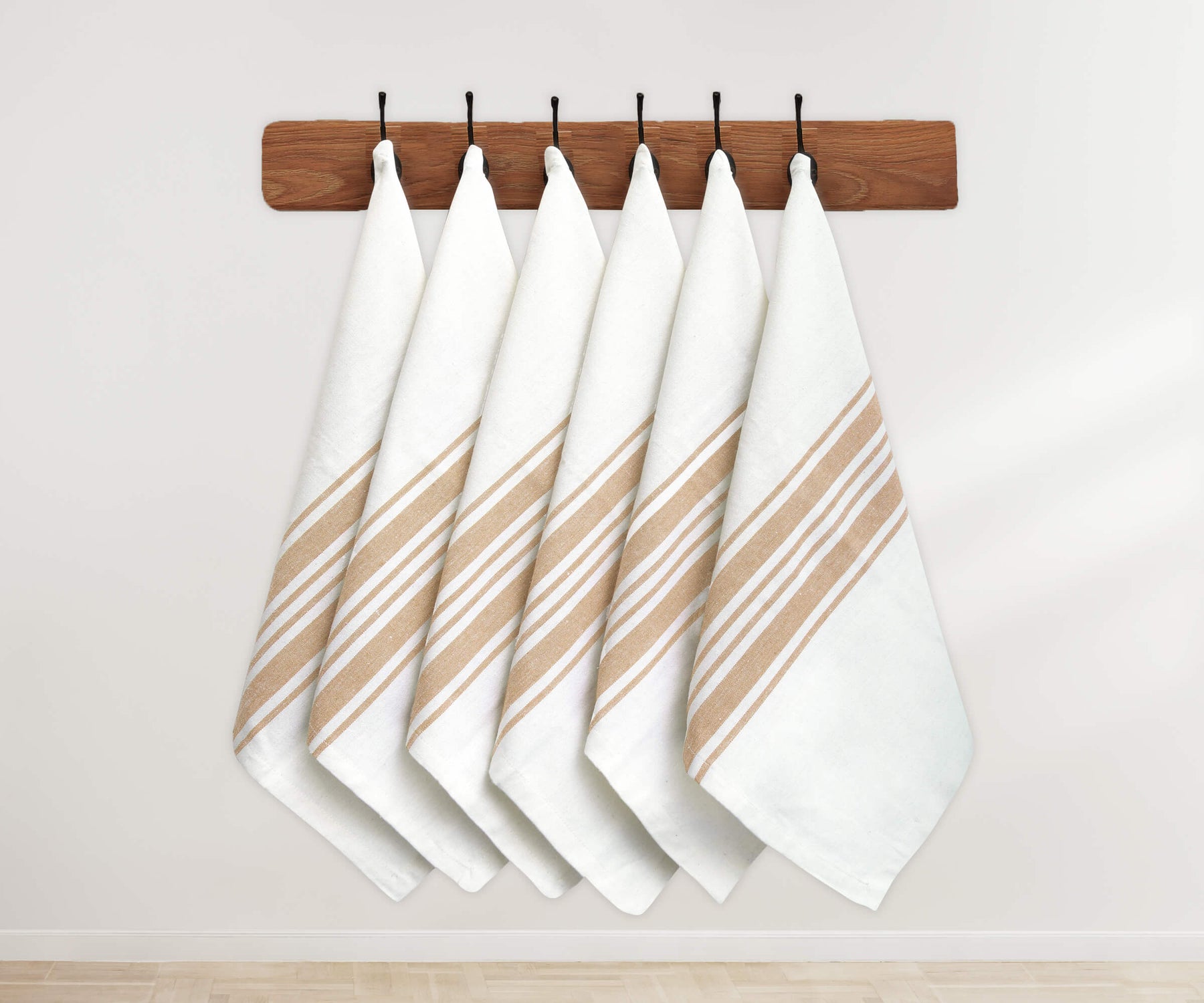 Farmhouse napkins -white cloth napkins & striped napkins/bistro napkins set of 6 with the long stripes of beige and cream are hung on the hanger.