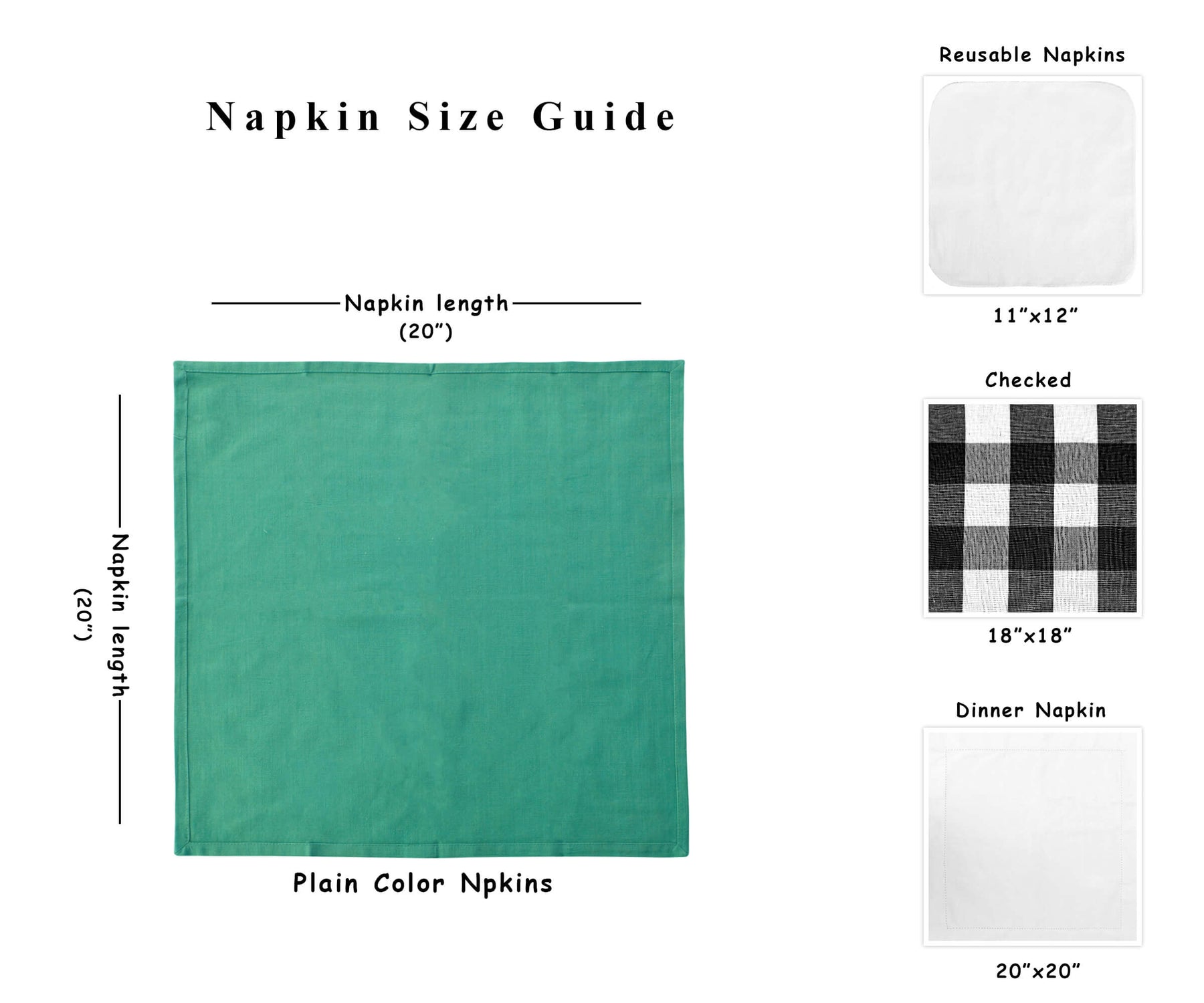 A napkins cloth washable with the dimension of 20x20" is shown color napkins