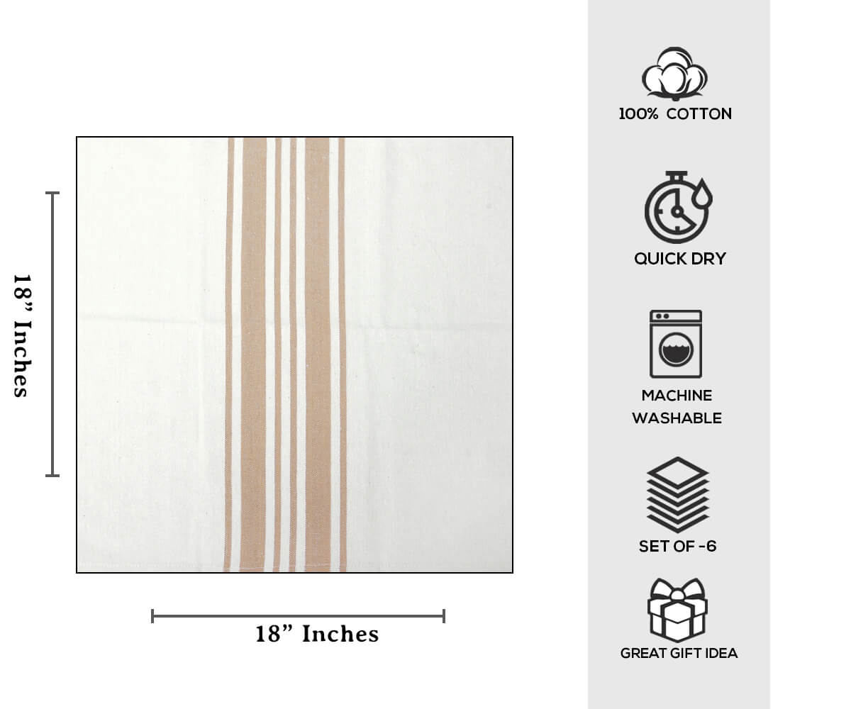 White Napkins-The 18×18" cloth dinner napkins with beige and cream restaurant napkins are displayed with dimensions and described with its characters.