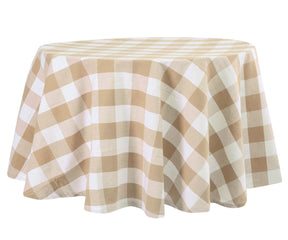 Round tablecloth featuring a blue and white gingham pattern