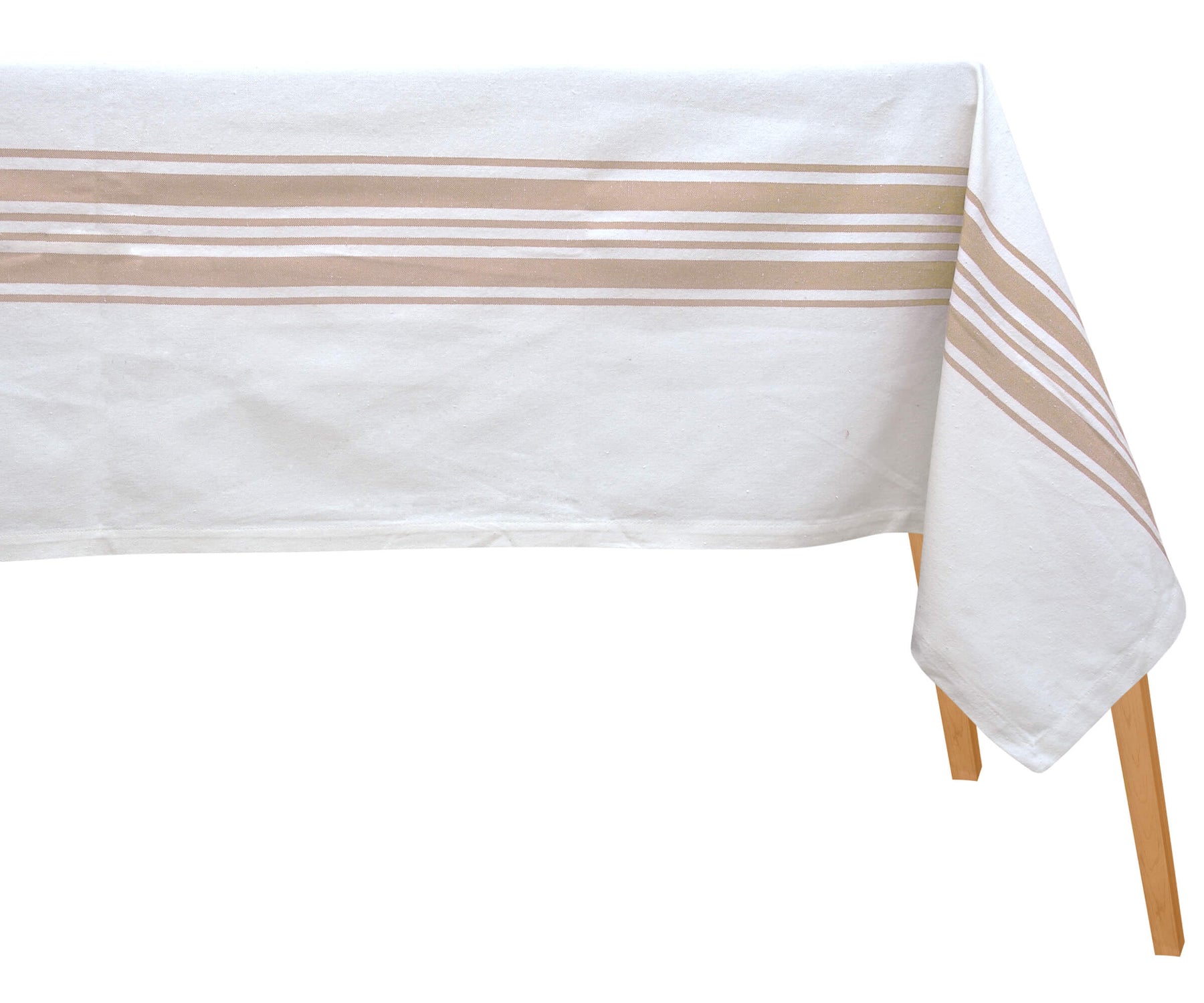 Farmhouse Tablecloth on a table with a central brown stripe design