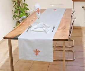 white linen table runner with embroidery table runner, red table runner, farmhouse table runner.
