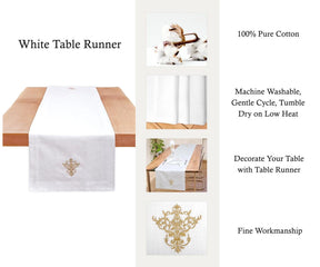 white table runner with beige embriodered is suitable for perfect coffee table runners. fabric table runners.