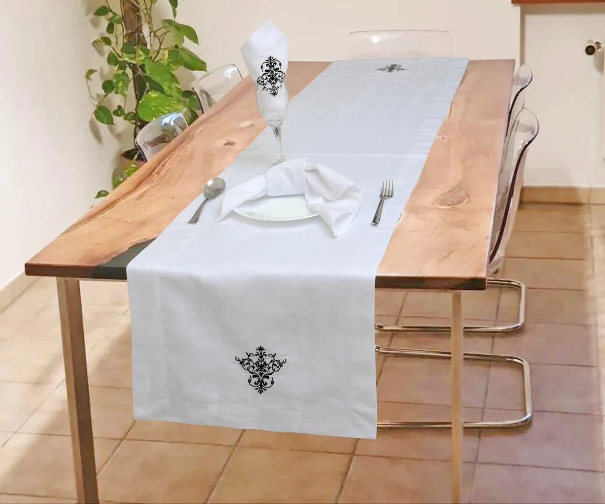 black embriodery table runner cotton, long table runner 90 inch. easter table runner white