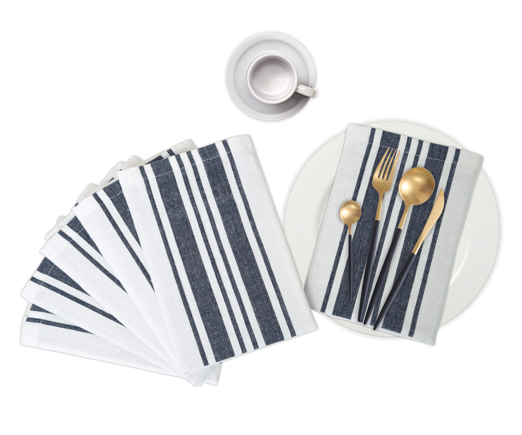Restaurant napkins in navy blue stripes with silverware and coffee cup