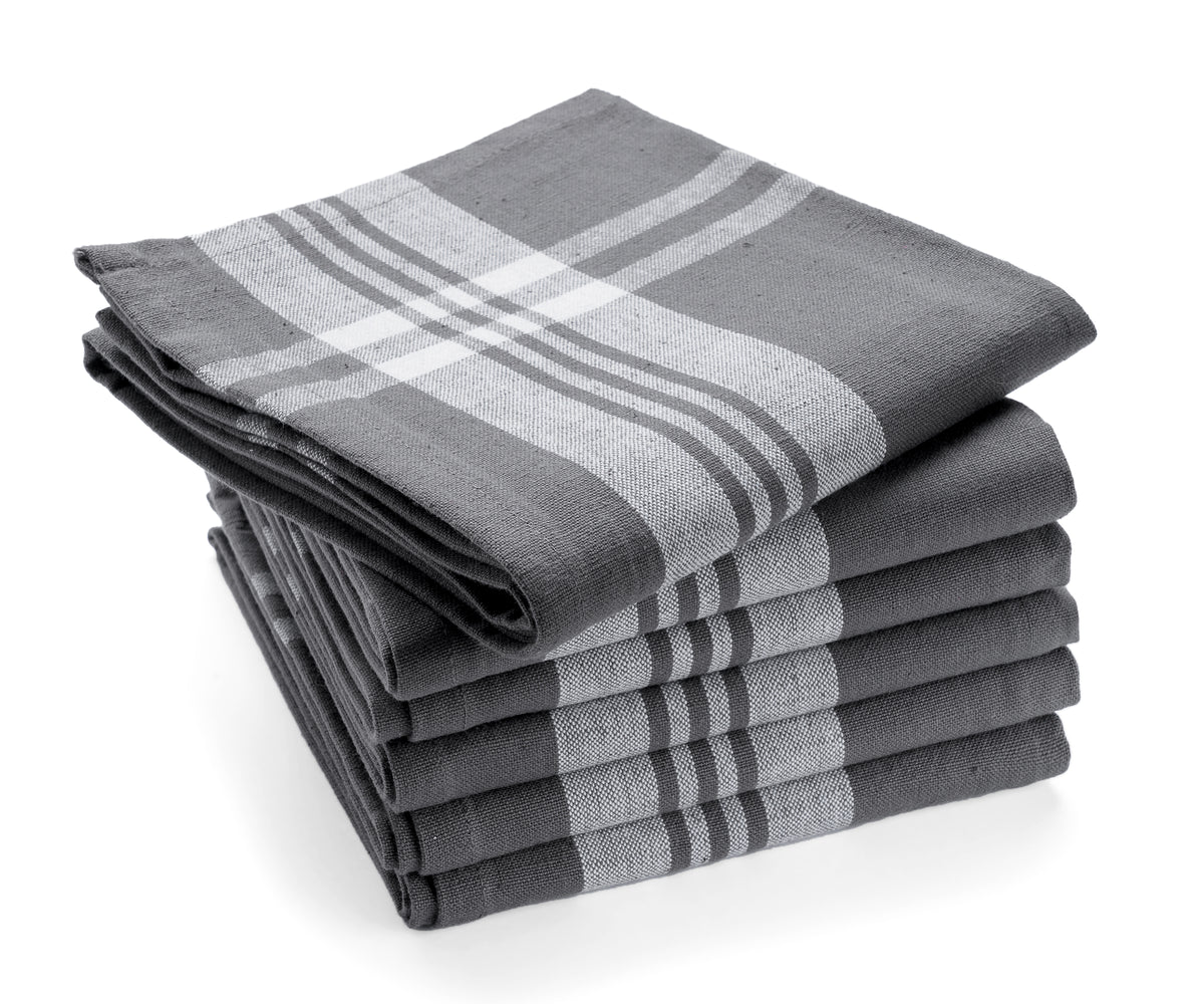 Stack of four farmhouse kitchen hand towels in gray and white stripes