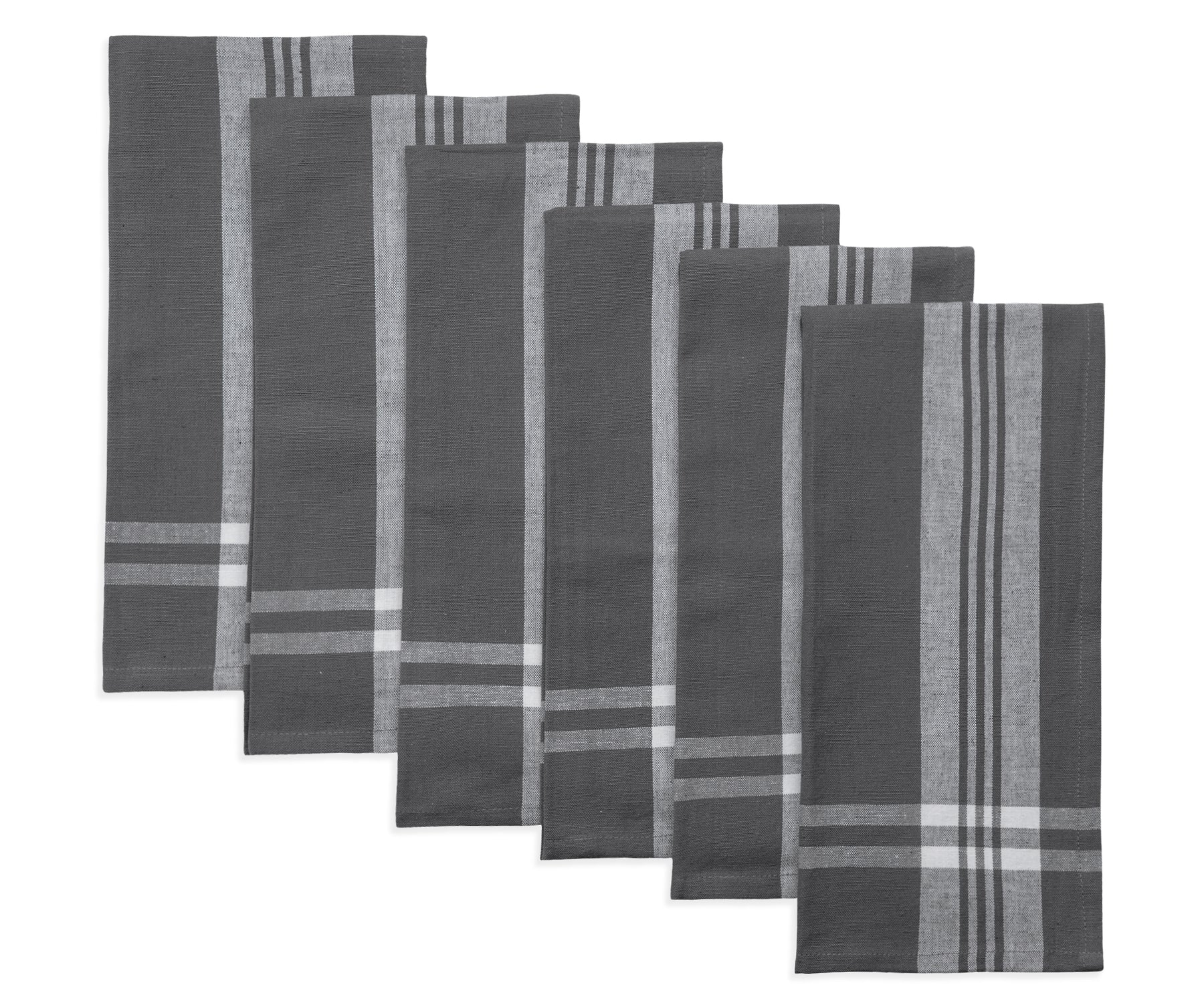 Collection of six farmhouse kitchen napkins with a gray and white striped pattern