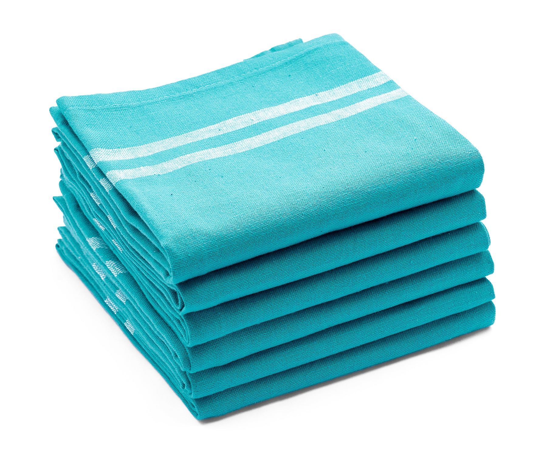 Four turquoise farmhouse kitchen hand towels stacked together