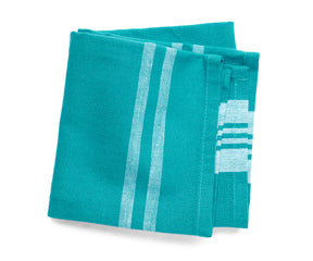 Farmhouse kitchen hand towel in teal with white stripe accents