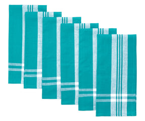 Six farmhouse kitchen hand towels in teal with white stripe detailing