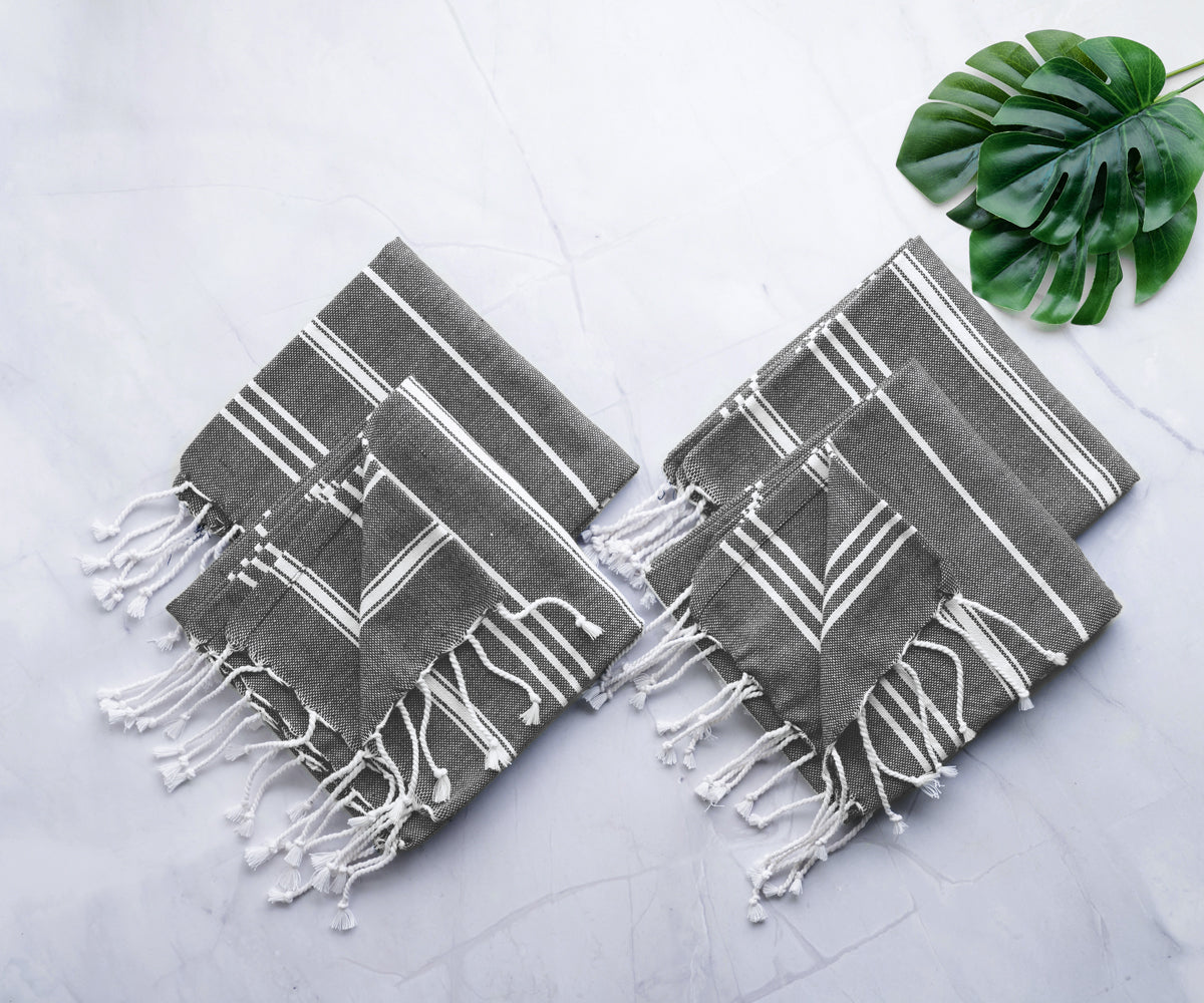 gray and white striped kitchen dish towels cotton with hanging loops, fringe grey kitchen towels.