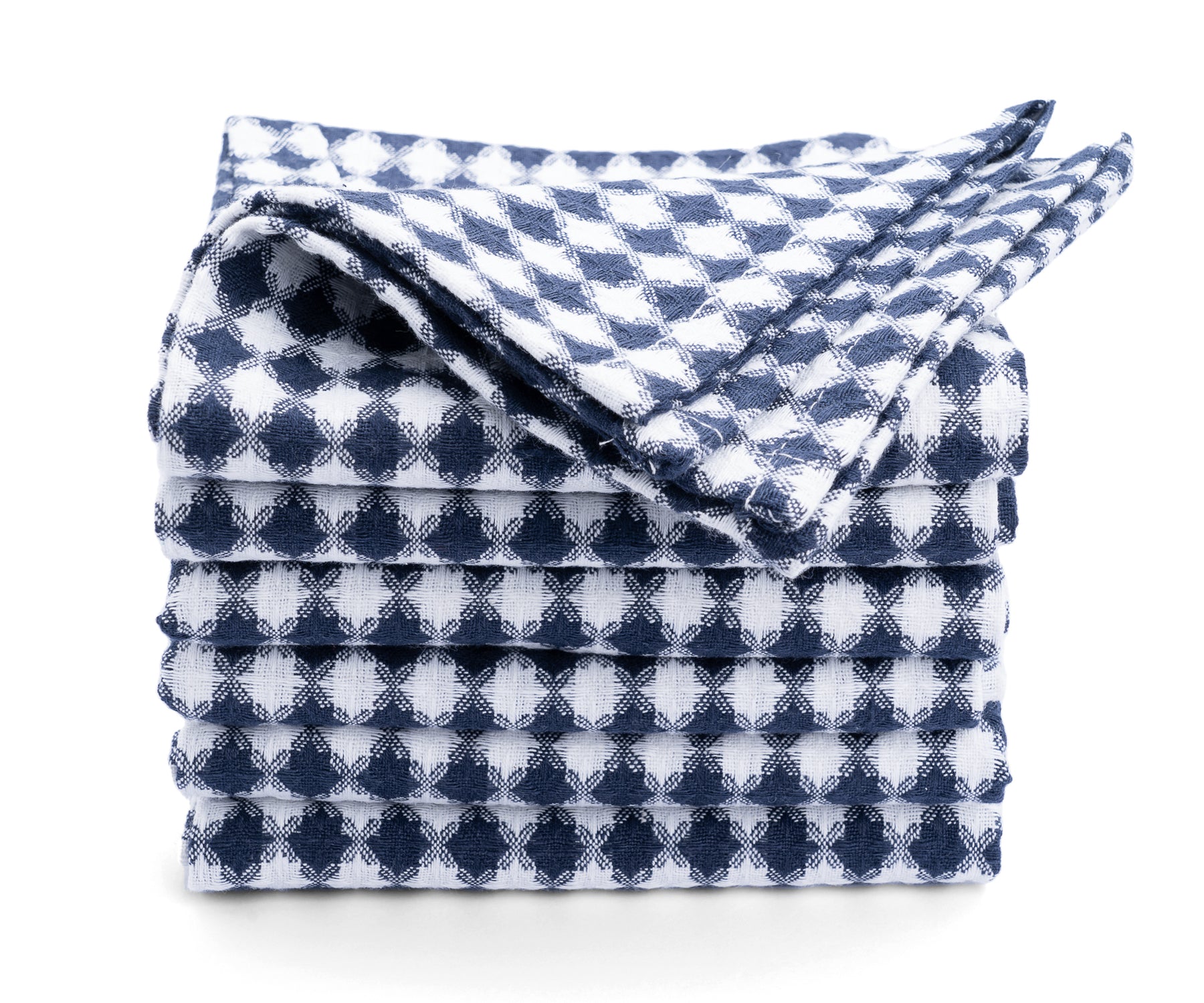 100% pure cotton kitchen towels absorbent dishtowels navy and white mixed diamond patterns.