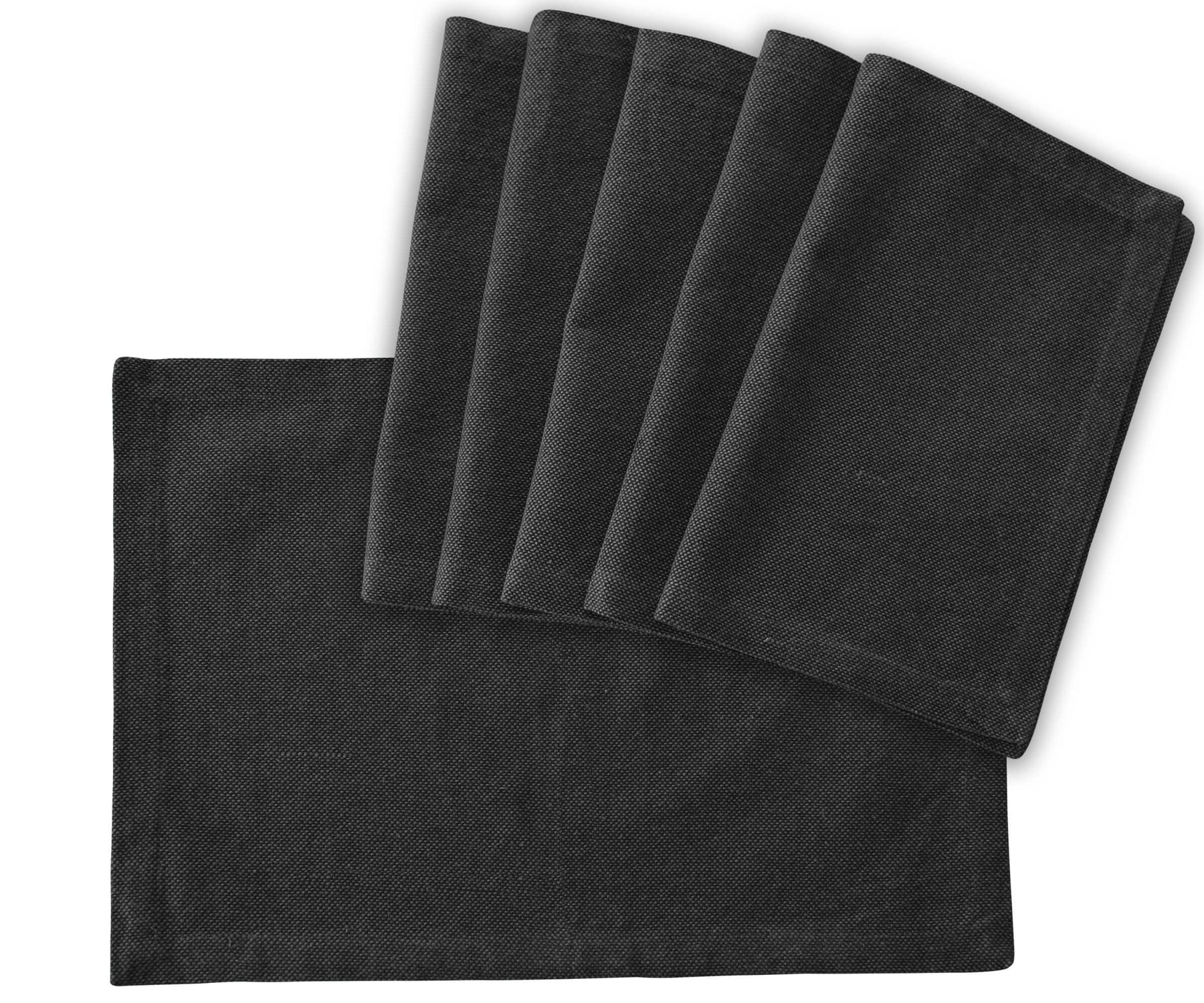 Black washable Placemat set of 6 are folded and displayed. 