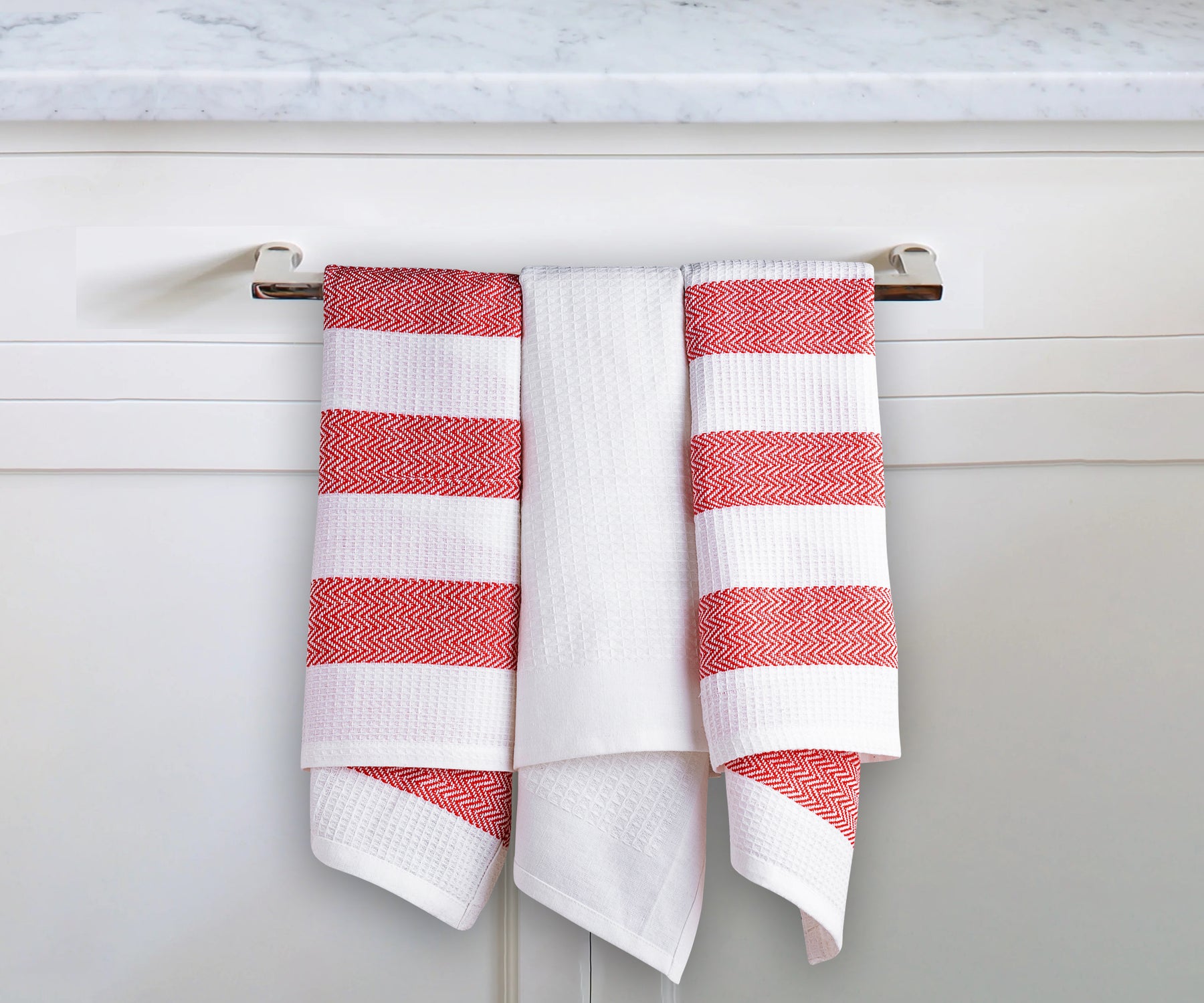 white kitchen towels, white dish towels with red striped patterns, farmhouse kitchen towels.