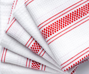 red kitchen towels, white cotton dish towels with red striped towels for kitchen.